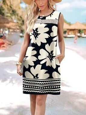 Black and White Floral Mini Tank Dress with Pockets